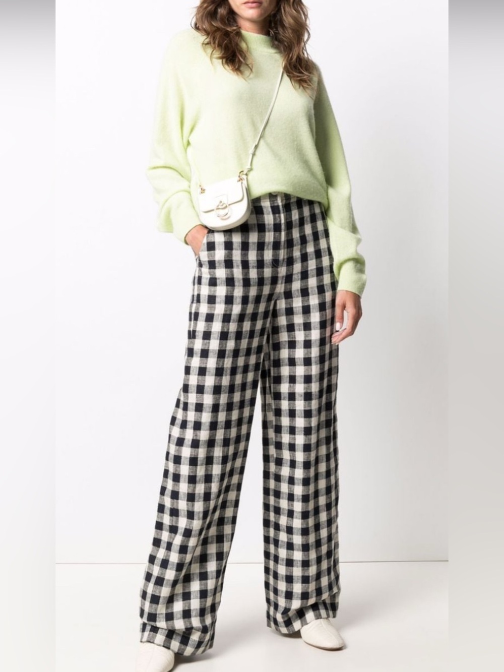 Tory Burch Black & Cream Gingham Wide Leg Thick Linen Pants Size 8